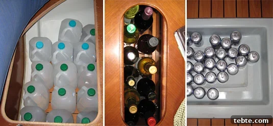 A boat features a lot of hidden storage: water gallons under the seats, wine bottles into the table, beer cans under a floor panel. A boat features a lot of hidden storage: water gallons under the seats, wine bottles into the table, beer cans under a floor panel..