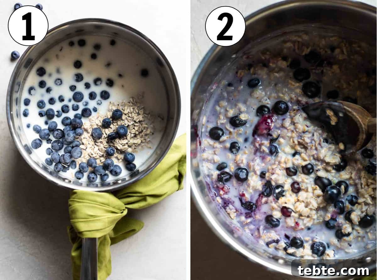 Step by step photos showing a saucepan filled with oats, milk and water with fresh blueberries, then the berries bursting in the oatmeal after cooking.