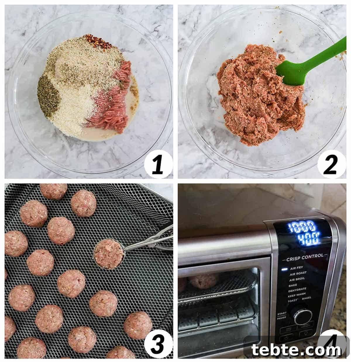 Crispy Air Fryer Turkey Meatballs with Garlic and Herbs 4 Four panel collage of process shots- combining ingredients, forming meatballs, and baking in air fryer.
