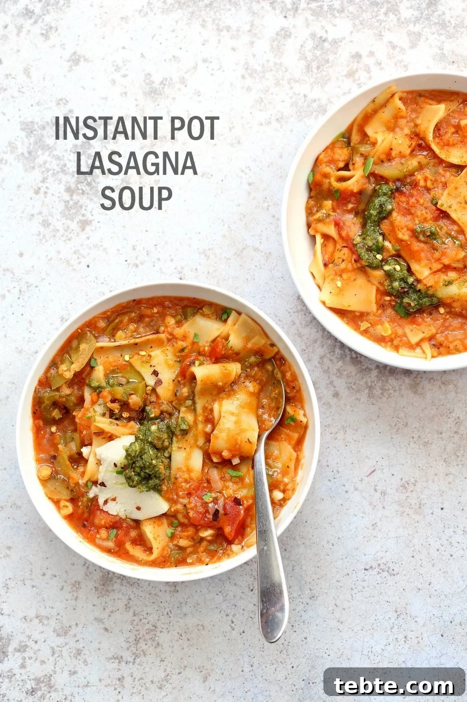 Vegan Instant Pot Lasagna Soup Recipe for Comforting Meals 2 Instant Pot Lasagna Soup in 2 Bowls with pesto, vegan ricotta. Bowls on concrete