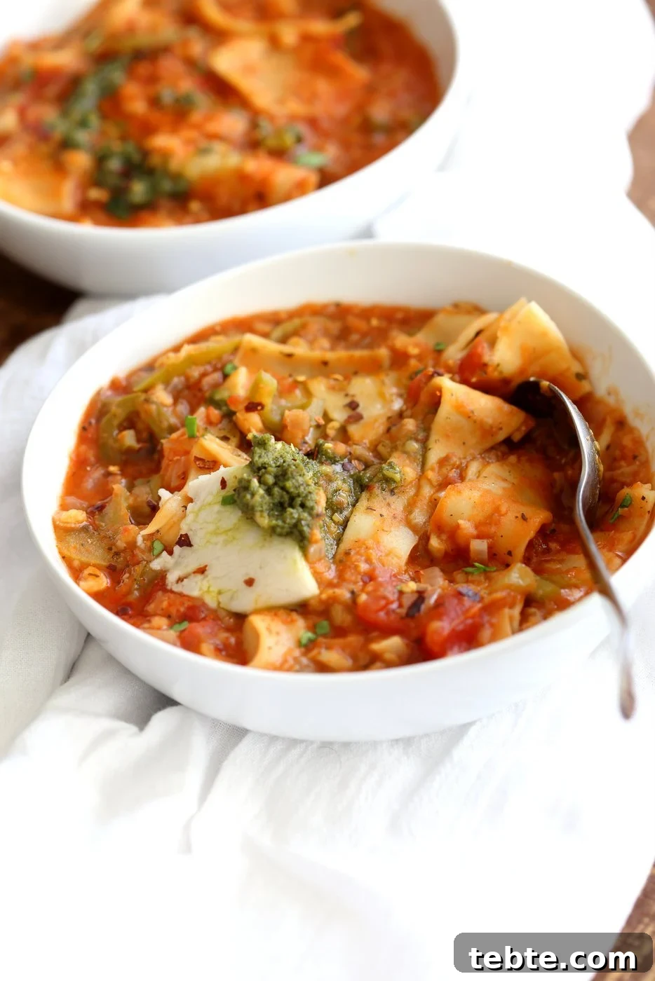 Vegan Instant Pot Lasagna Soup Recipe for Comforting Meals 3 Our Instant Pot Vegan Lasagna Soup in 2 white Bowls