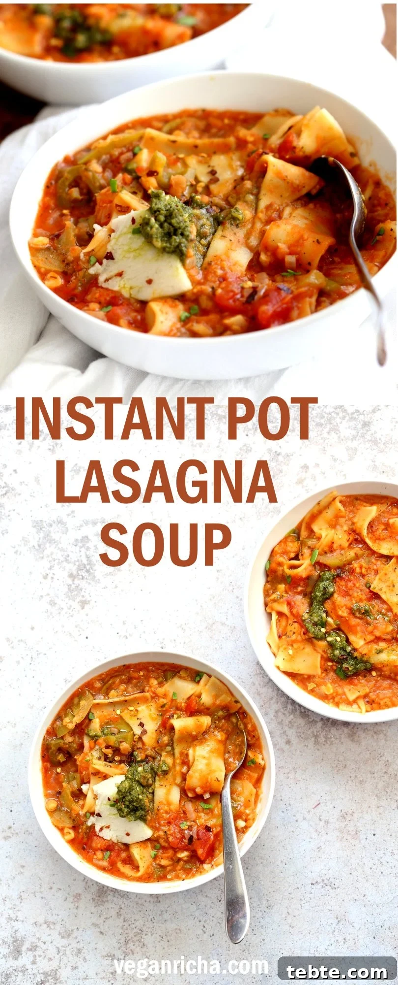 Vegan Instant Pot Lasagna Soup Recipe for Comforting Meals 4 Instant Pot Lasagna Soup - Vegan Lasagna Soup with lasagna noodles, veggies, red lentils and basil. 1 Pot weekday meal.