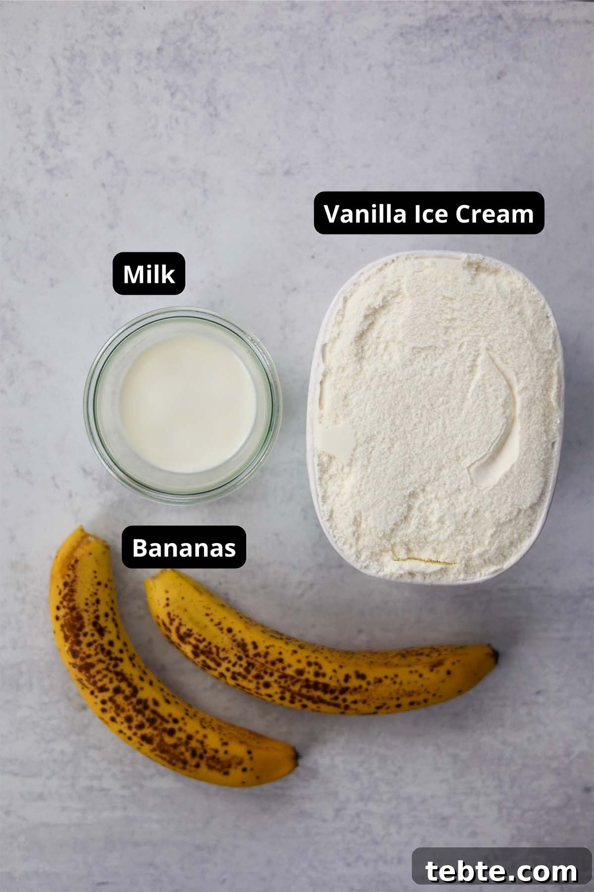 Creamy Banana Milkshake Recipe for Thick, Frosty Results 3 labeled ingredients.