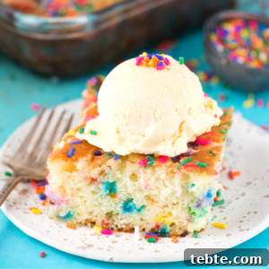 Funfetti Earthquake Cake Recipe: Moist Layered Celebration Dessert 2 A slice of funfetti earthquake cake topped with vanilla ice cream and colorful sprinkles sits on a white plate, with a fork and extra sprinkles in the background.