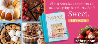 Funfetti Earthquake Cake Recipe: Moist Layered Celebration Dessert 3 A cookbook titled Sweet by Beth Baumgartner is surrounded by images of cakes, cookies, cupcakes, and chocolate-dipped strawberries. Text reads: For a special occasion or an everyday treat...make it Sweet. BUY NOW.