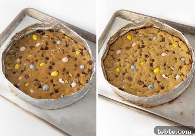 Easter Cookie Cake Recipe: Soft Sugar Cookie Layer with Frosting 4 Baked cookie cake in foil pan