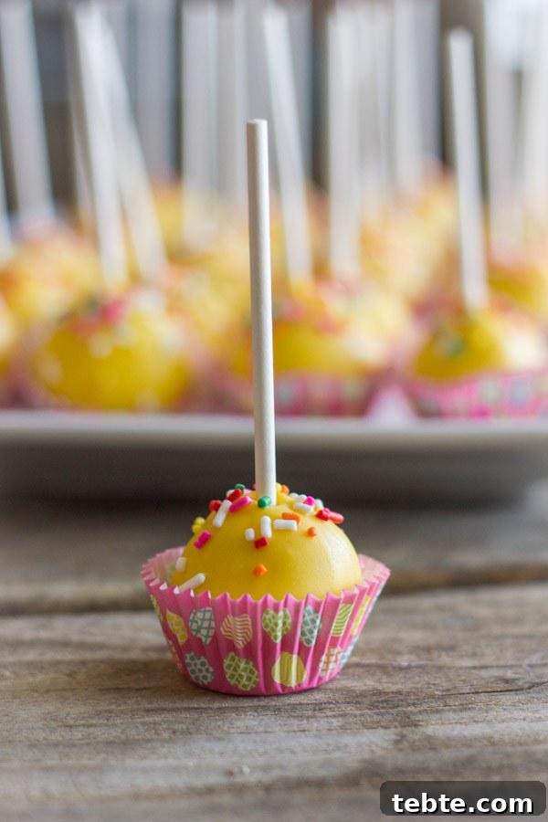 Easy Donut Hole Cake Pop in a mini muffin liner, with a platter of more cake pops in the background.