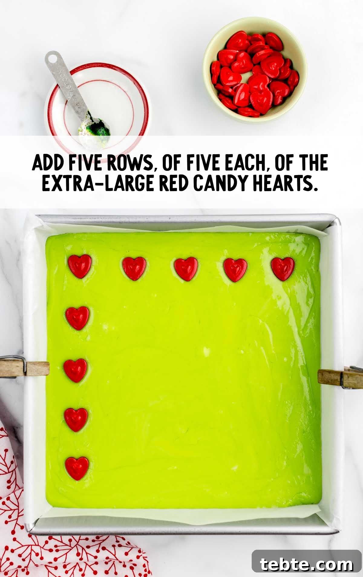 Green Grinch Fudge Recipe: Festive Candy for Holiday Gifting 6 extra large red candy hearts added