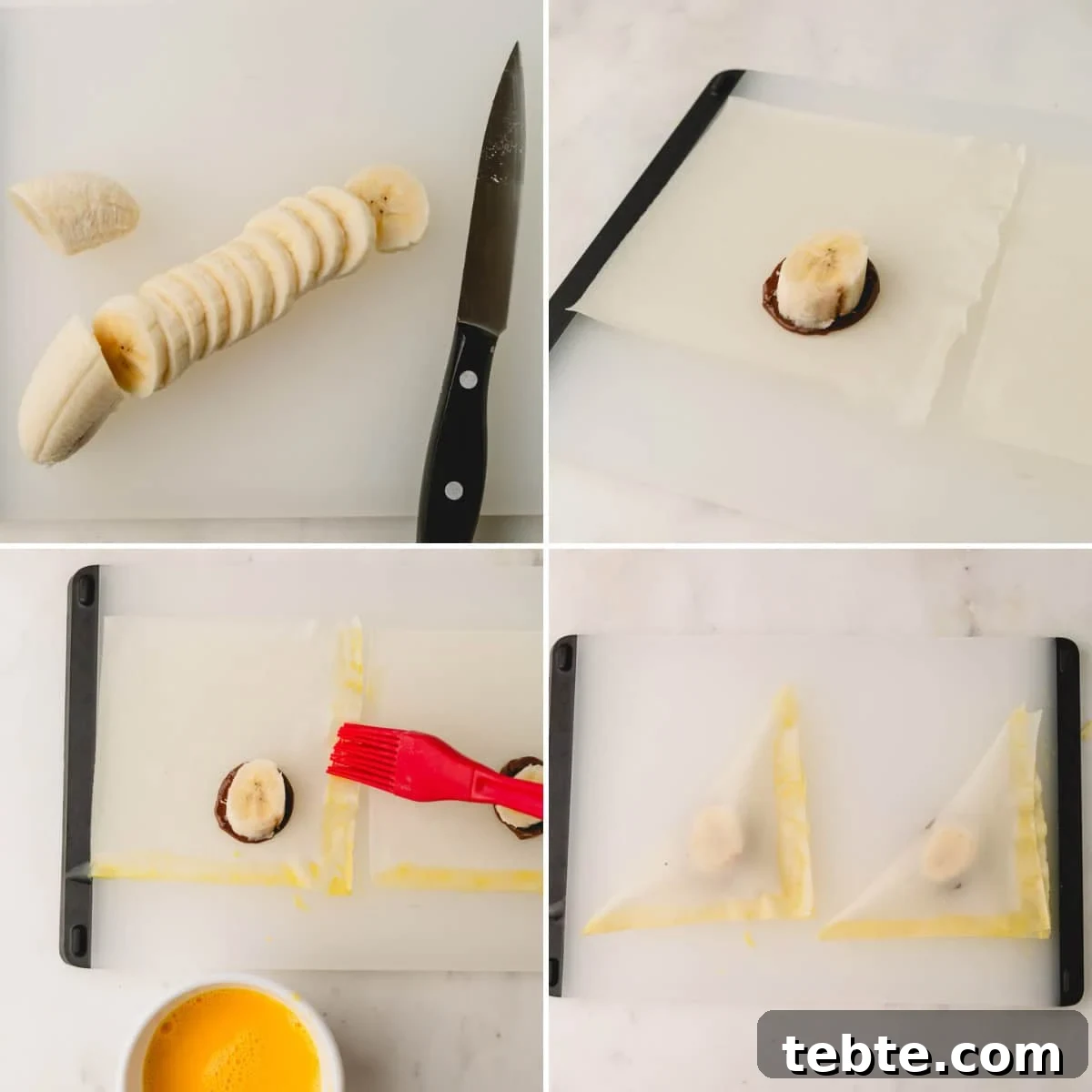 Crispy Banana and Nutella Wontons Recipe for Dessert Delight 5 Four images showing the process of filling banana Nutella wontons.
