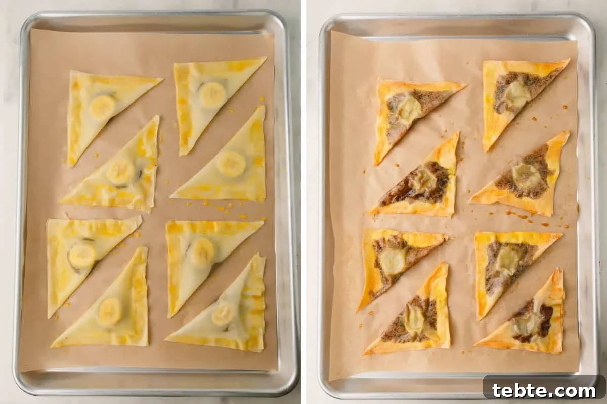 Crispy Banana and Nutella Wontons Recipe for Dessert Delight 7 Unbaked and baked banana Nutella wontons on two baking sheets.