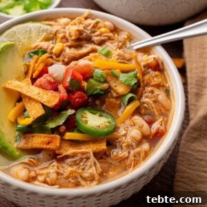 Slow-Cooker White Chicken Chili Recipe (Low-Calorie Crock-Pot) 8 bowl of white chicken chili with shredded chicken, beans, tomatoes and topped with tortilla strips avocado and jalapeno