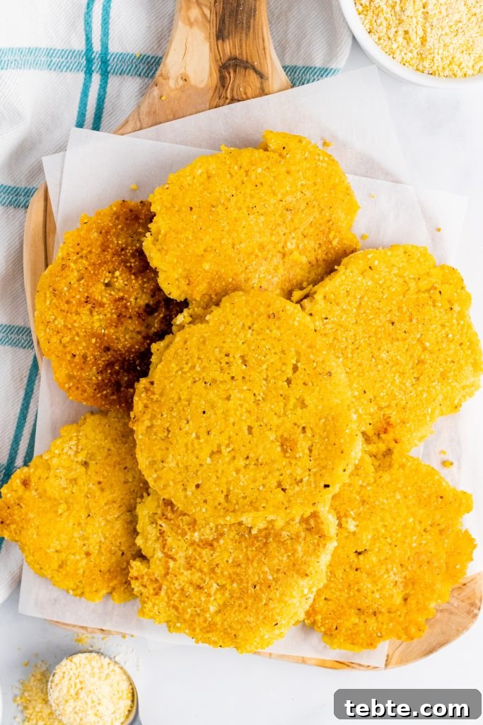 hot water cornbread cakes piled on a parchment paper covered wooden cutting board