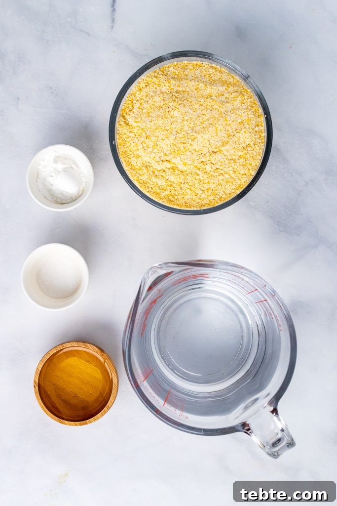 overhead image showing the measured ingredients needed to make a batch of hot water cornbread