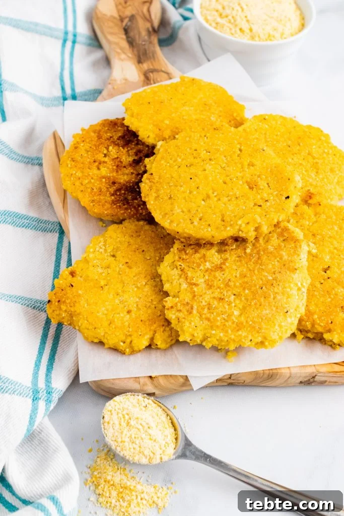 hot water cornbread cakes piled on a parchment paper covered wooden cutting board