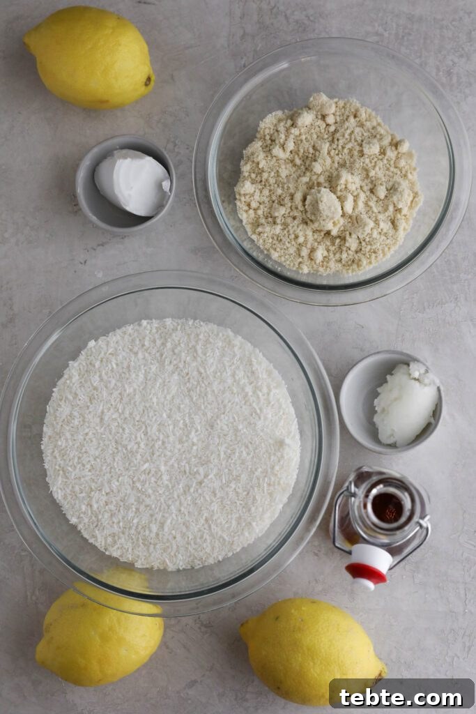 Lemon Almond Macaroons Recipe: Zesty Gluten-Free Cookies 3 unsweetened shredded coconut, lemons, almond flour, coconut butter, coconut oil, and maple syrup on white board