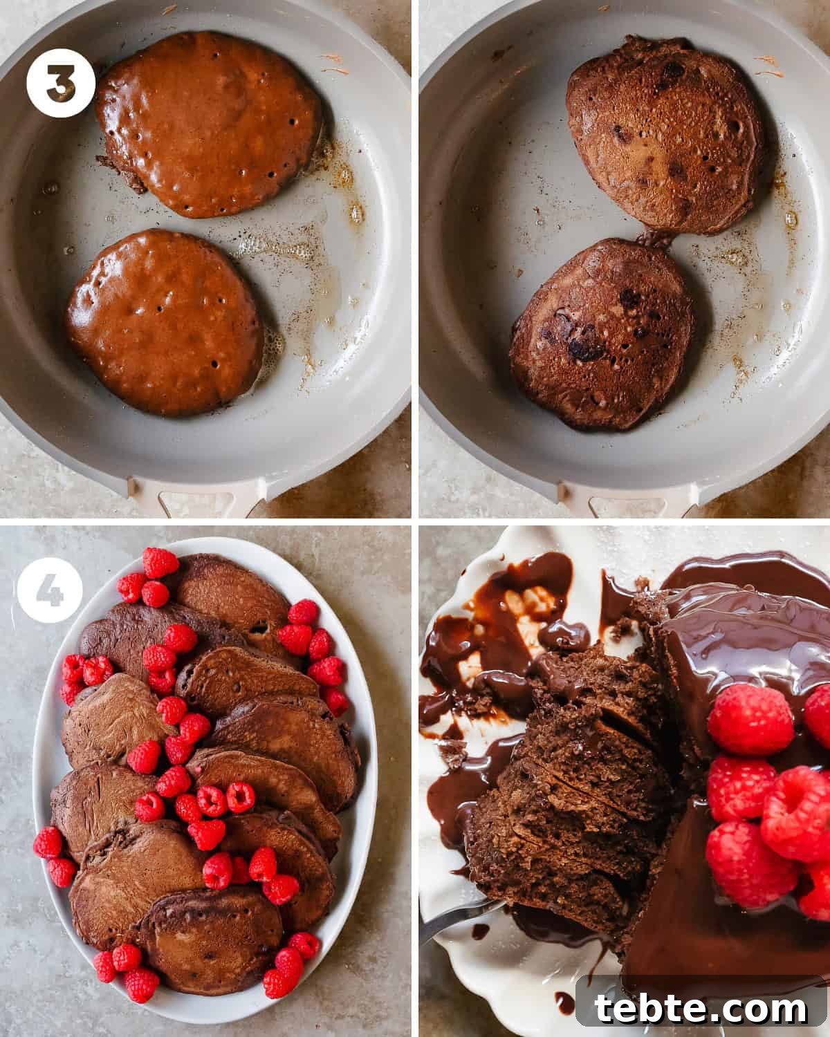 Decadent Chocolate Pancakes Recipe for Fluffy, Rich Pancakes 5 Cooking pancakes on a skillet