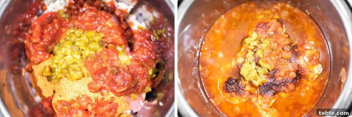 process shots of adding the ingredients to the instant pot and cooking