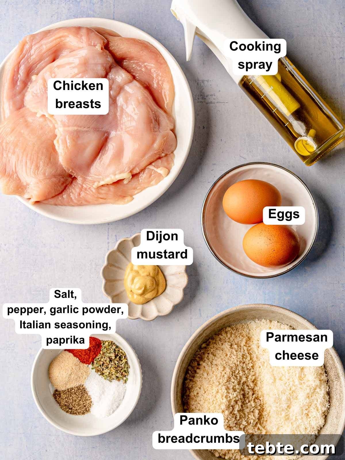 Ingredients needed for air fryer parmesan-crusted chicken.