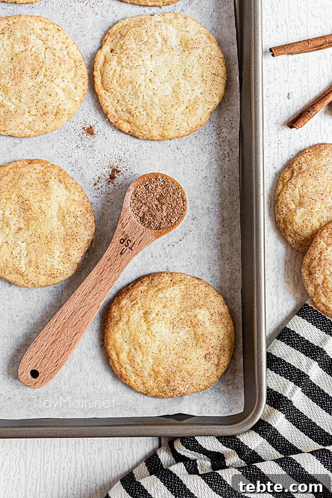 Perfect Snickerdoodle Cookies Recipe with Video Tutorial 3 snickerdoodles on a cookie sheet with a spoon full of cinnamon laying next to them