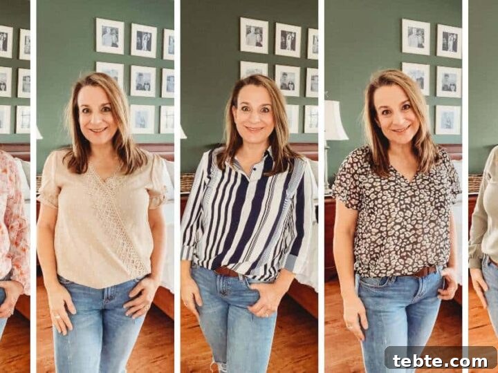 Collage of a woman wearing five different spring blouses.
