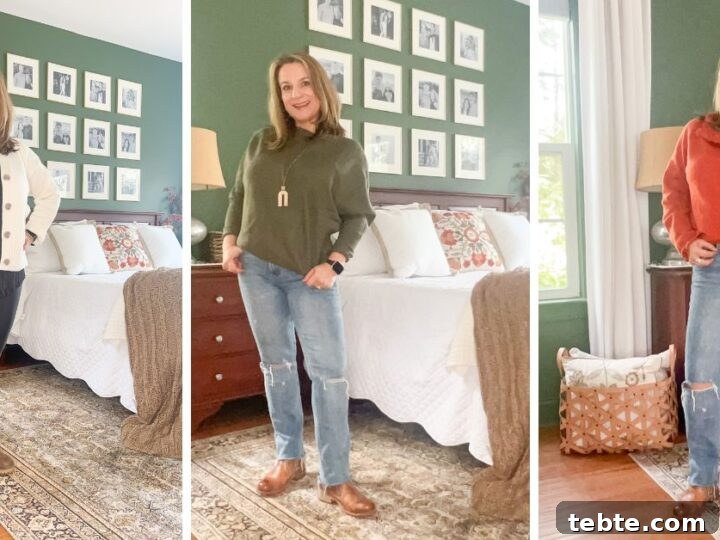 Three images of Anne from Simply2Moms wearing sweaters from Amazon.