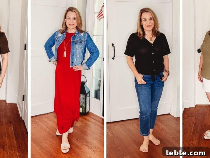 Anne from Simply2Moms wearing four different casual summer outfits.
