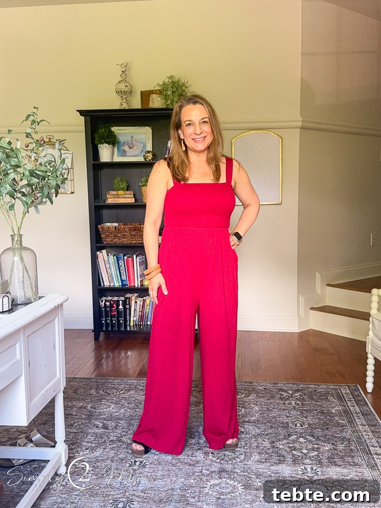 8 Adorable Amazon Jumpsuits and Sundresses You’ll Love 8 Woman wearing a wide legged jumpsuit romper with a gathered elastic bodice.