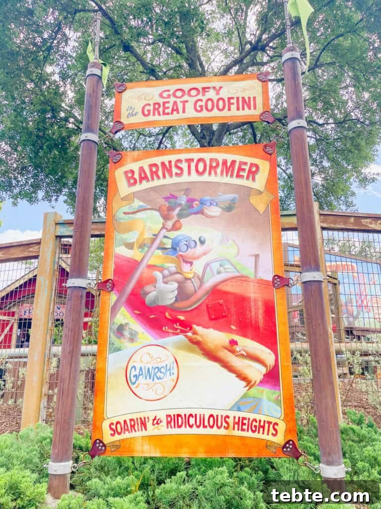 attraction sign in the que for The Barnstormer.