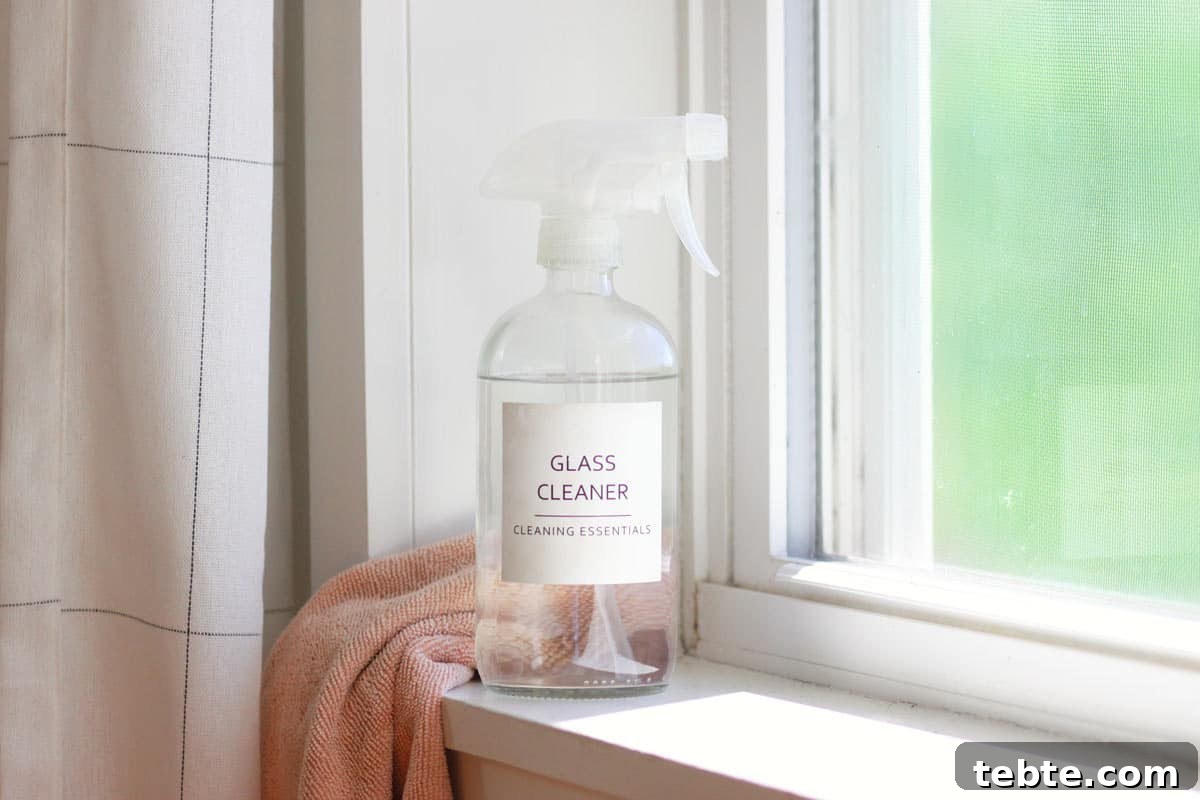 Homemade Non-Toxic Glass Cleaner with Vinegar — DIY Recipe 4 a glass spray bottle with a label that says "glass cleaner" set in a window sill with a pink microfiber cloth next to it