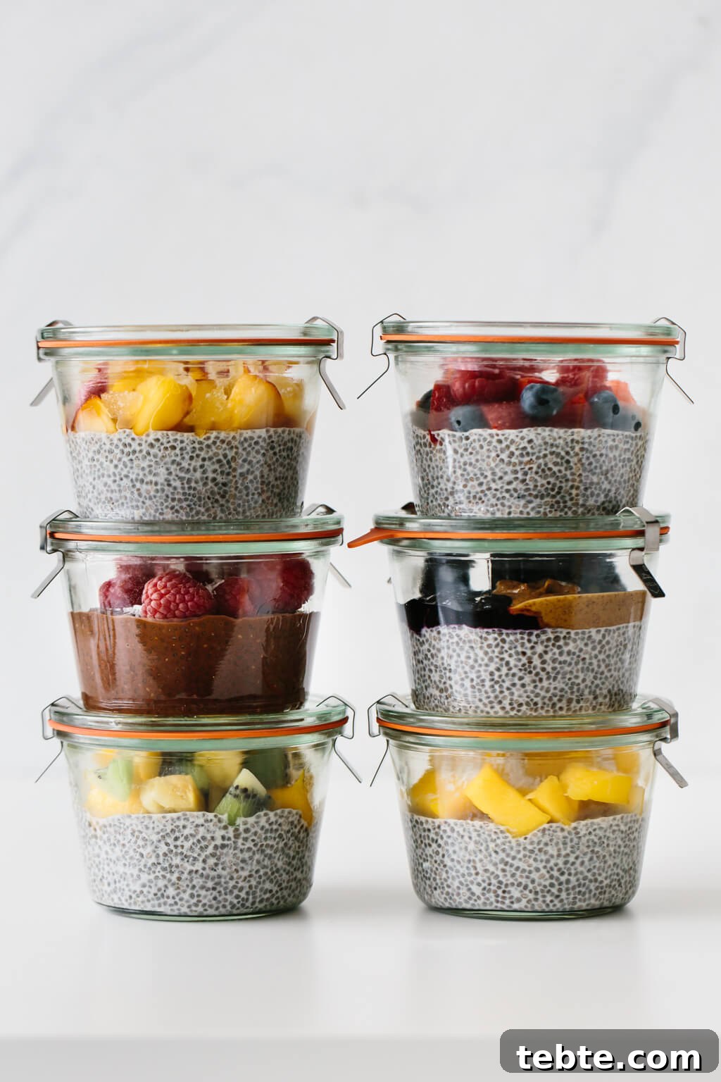 Chia pudding meal prepped into glass containers.