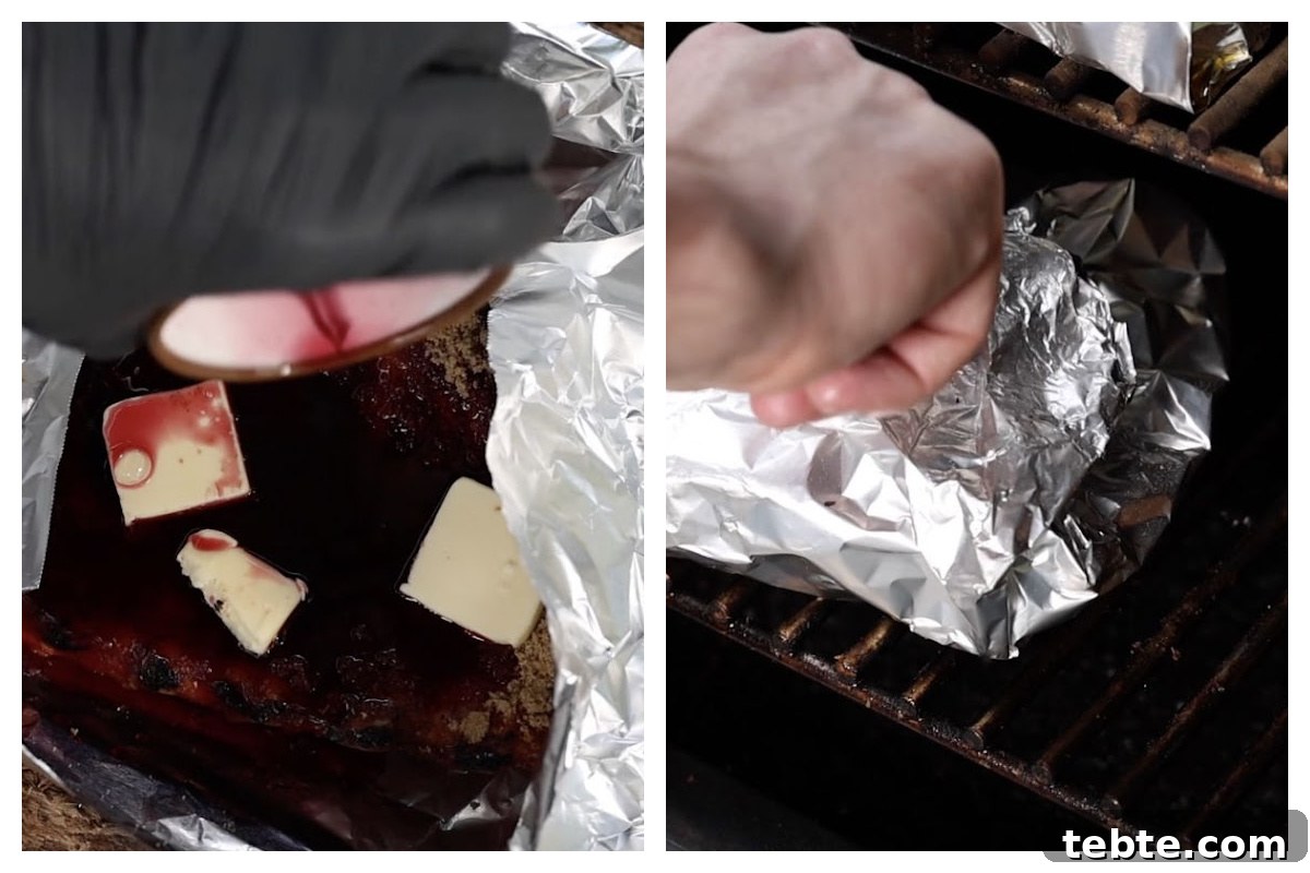 3-2-1 Smoked Ribs Recipe: Perfect Tender Fall-Off-the-Bone Ribs 7 wrapping Traeger 3-2-1 ribs in foil with liquid