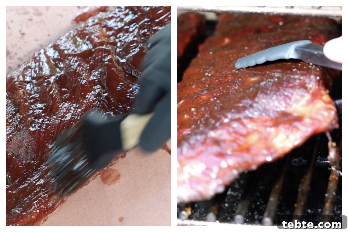 3-2-1 Smoked Ribs Recipe: Perfect Tender Fall-Off-the-Bone Ribs 8 brushing BBQ sauce on 3-2-1 ribs