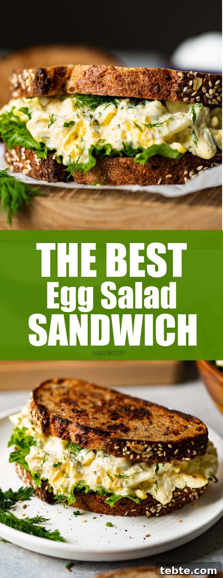 Classic Creamy Egg Salad Sandwich Recipe for Lunchtime Delight 3 a photo of an egg salad sitting on a piece of parchment paper made on multigrain bread with lettuce and thick layer of egg salad.