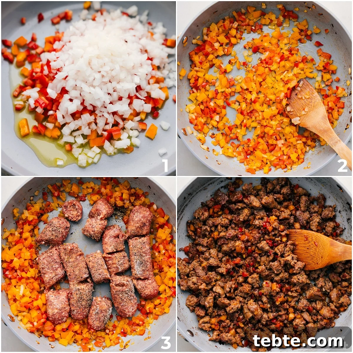 How To Make Italian Sausage Sandwiches The veggies being sautéed and the sausage being browned through for these Italian Sausage Sandwiches.