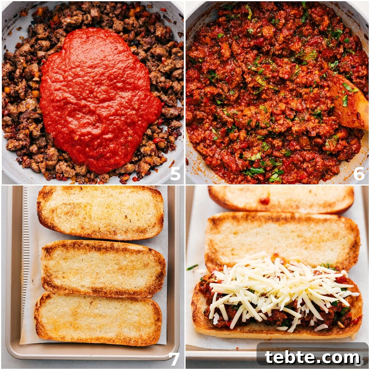Making The Best Italian Sausage Subs Marinara sauce being mixed together with the browned sausage and it all being layered into a toasted bun.