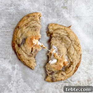 chocolate chip marshmallow cookies split in half to see the marshmallow.