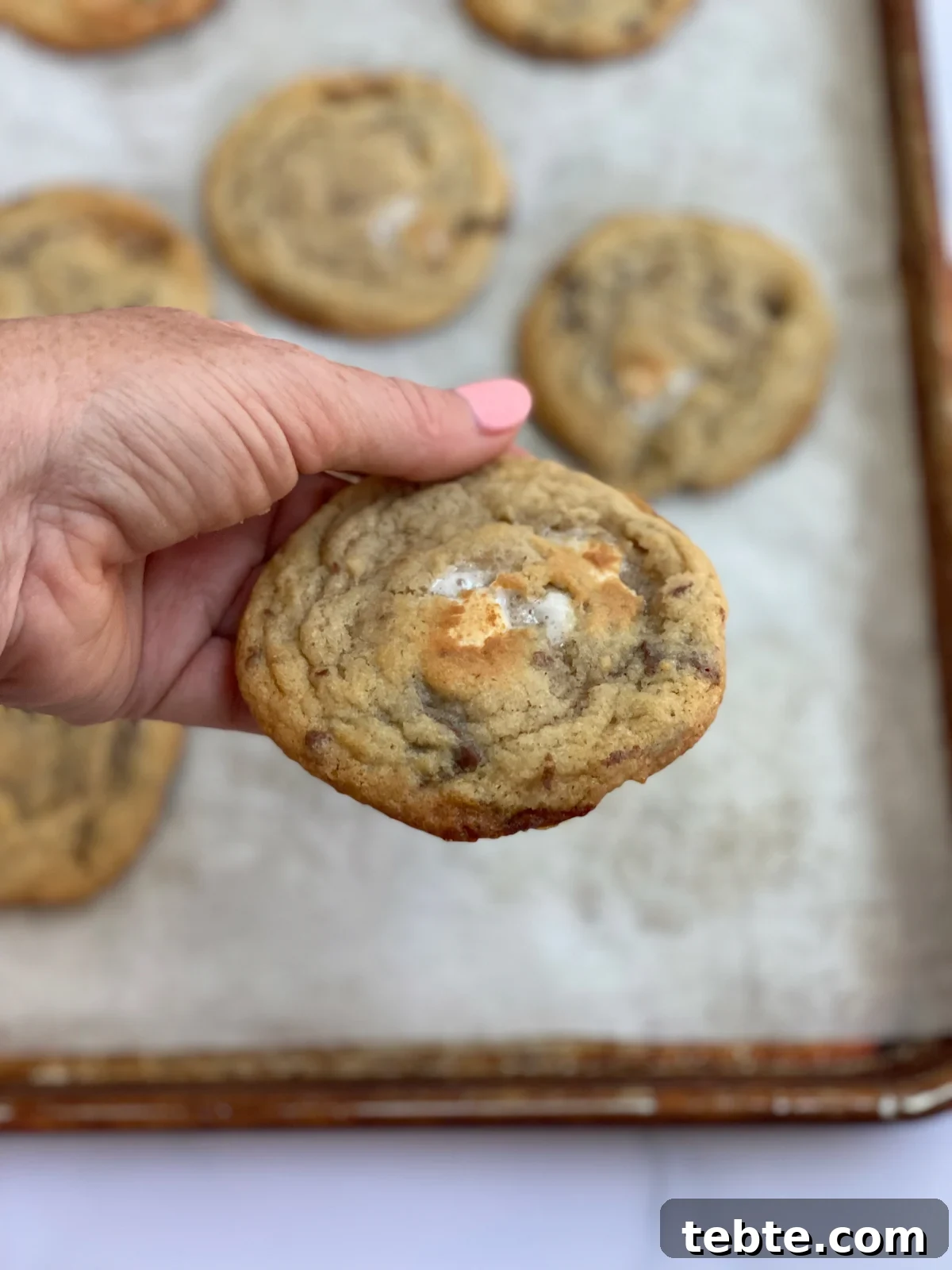 Chewy Chocolate Chip Cookies with Gooey Marshmallow Filling 4 hand holding one of the chocolate chip marshmallow cookies.