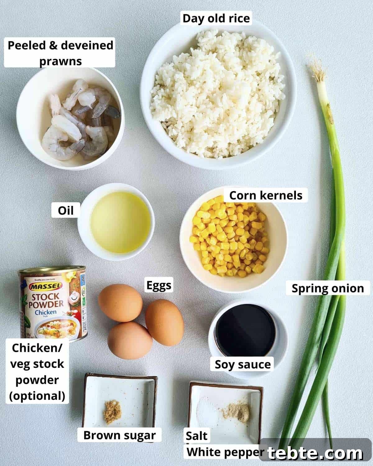 Garlic Shrimp Fried Rice Recipe – Quick Weeknight Stir-Fry 3 All of the ingredients required to make this recipe, labeled
