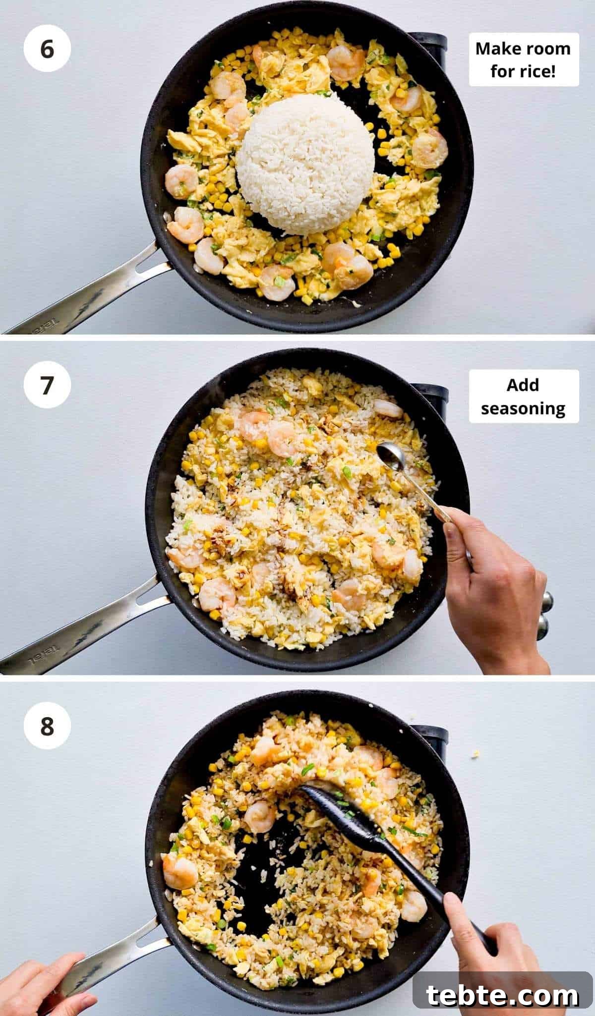Garlic Shrimp Fried Rice Recipe – Quick Weeknight Stir-Fry 6 Step by step collage of making this recipe part 3 of 3