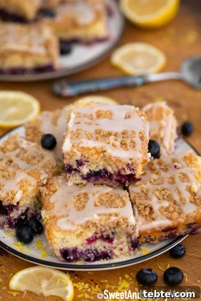 Perfect Blueberry Buckle Recipe for Moist, Tender Cake 2 Blueberry buckle bars with fresh blueberries on a plate.
