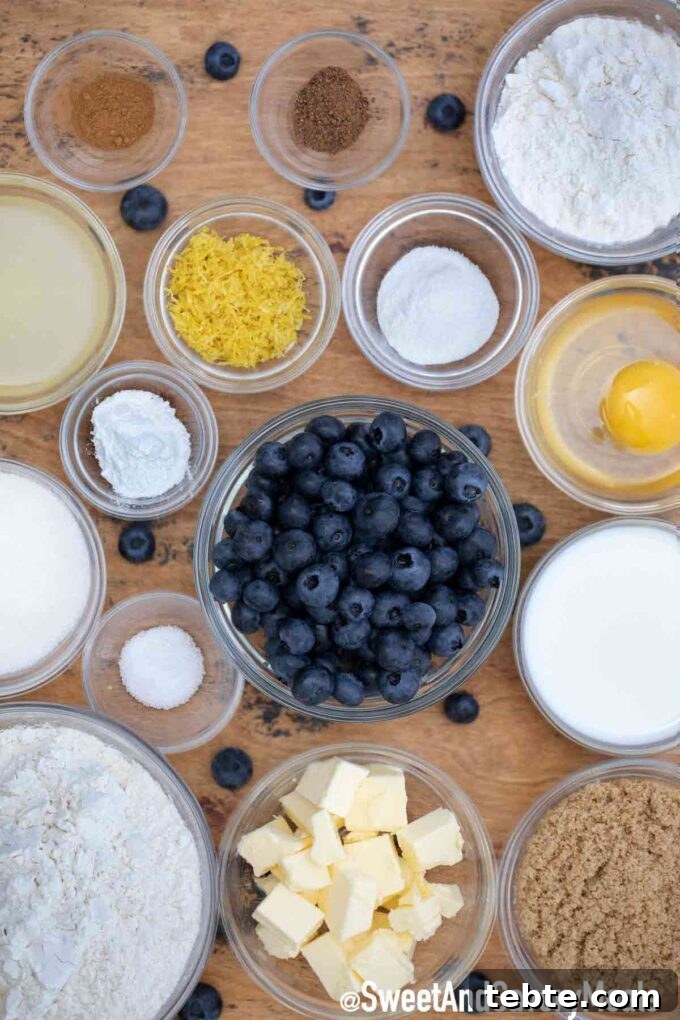 Perfect Blueberry Buckle Recipe for Moist, Tender Cake 3 Blueberry buckle ingredients in bowls on a table