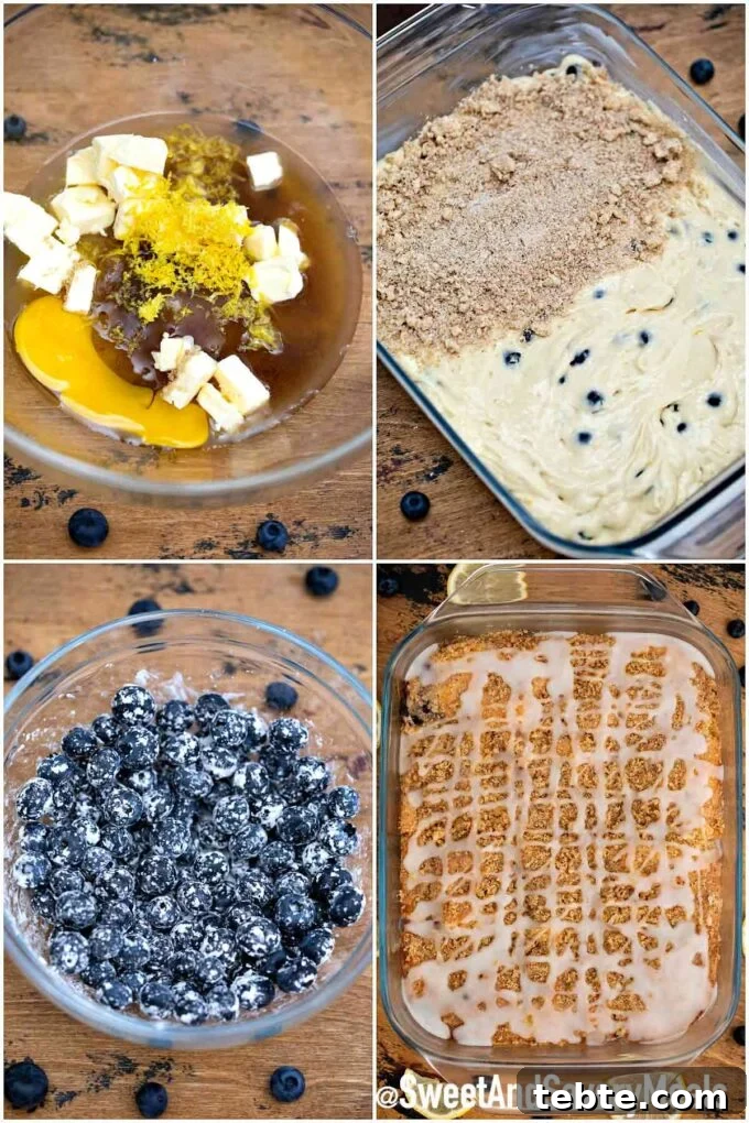 Perfect Blueberry Buckle Recipe for Moist, Tender Cake 4 photo collage showing the steps of how to make a Blueberry buckle.
