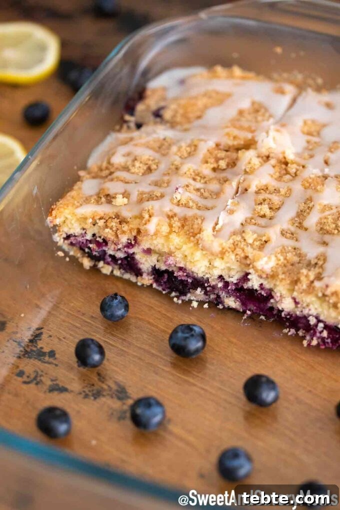 Perfect Blueberry Buckle Recipe for Moist, Tender Cake 5 Blueberry buckle in a glass pan.