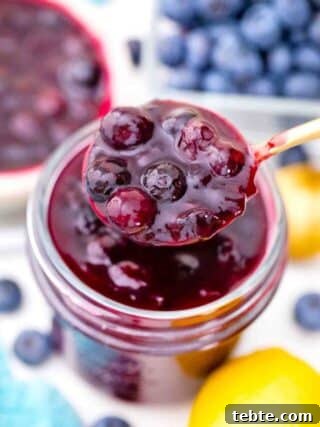overhead shot of a spoonful of blueberry pie filling on top of a mason jar