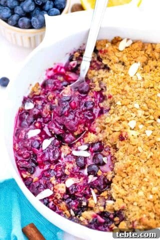 close shot of blueberry crisp with a serving spoon