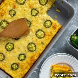 Baked casserole in a baking dish with one serving removed. One serving on a white plate. Wooden spoon resting on top of the casserole.