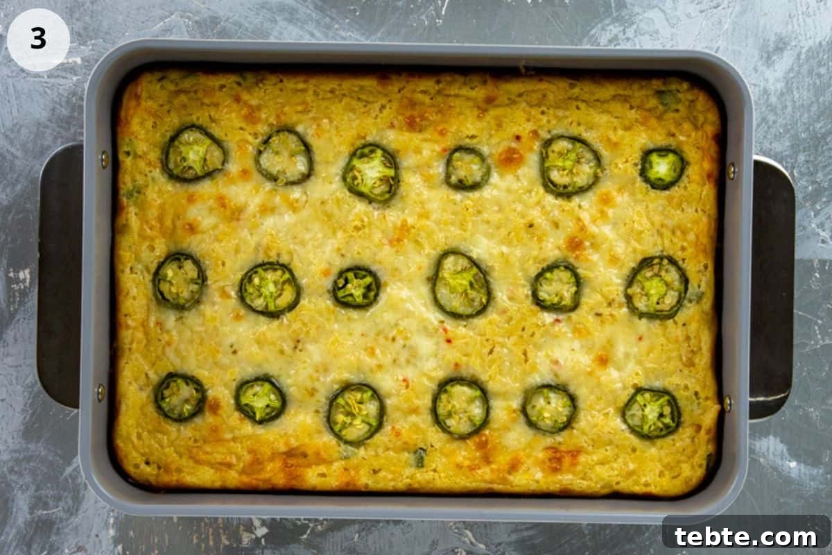 Gold brown baked casserole still in the pan.