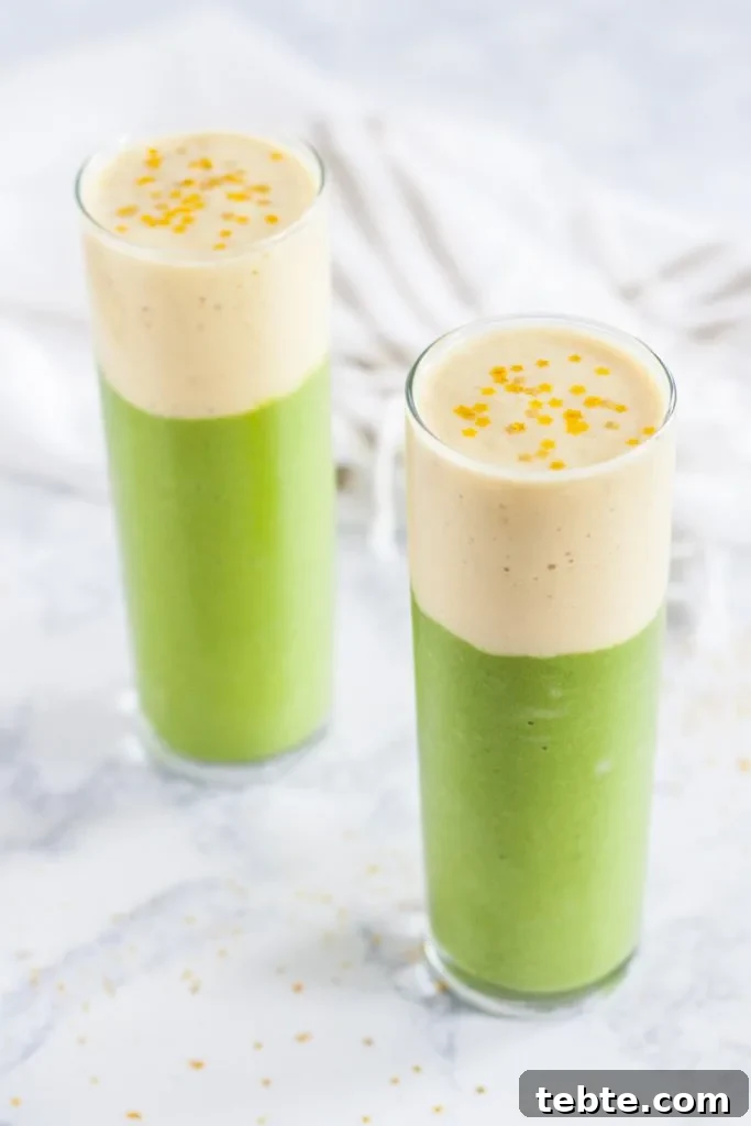 Tinker Bell–Inspired Green Fairy Smoothie Recipe 3 Tinkerbell inspired smoothie with green and yellow layers