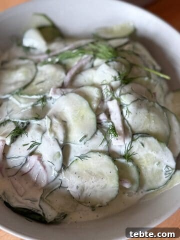 Creamy cucumber salad with sour cream and fresh dill in a serving bowl.