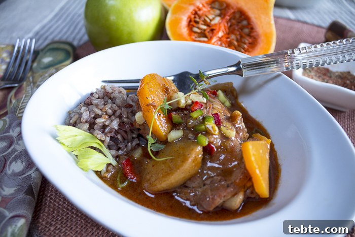 Butternut Squash & Apple Chicken Étouffée Recipe for Fall Meals 2 A "smothered" stew rich with vegetables, apples and chicken that falls-off-the-bone